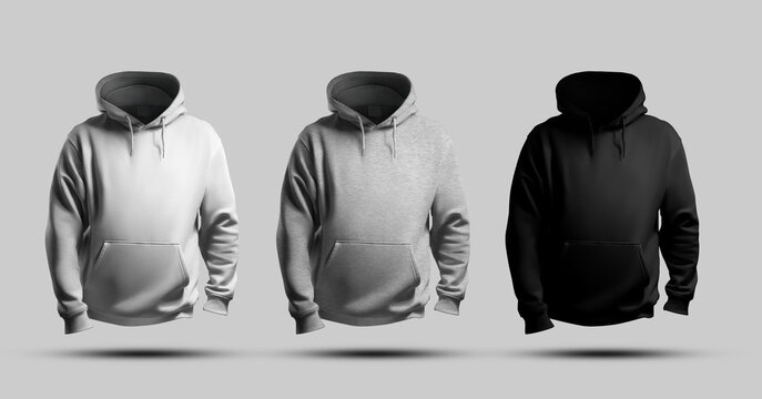 Mockup of white, black, heather hoodie 3D rendering, front view, sweatshirt with pocket, hood, for design, branding. Set
