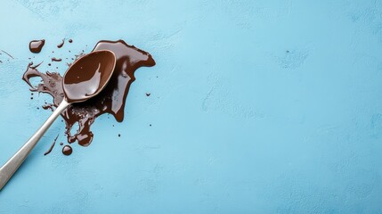 Poster - This image captures a spoon covered in melting chocolate with a vibrant blue background, creating a striking contrast and inviting a sense of indulgence and creativity.