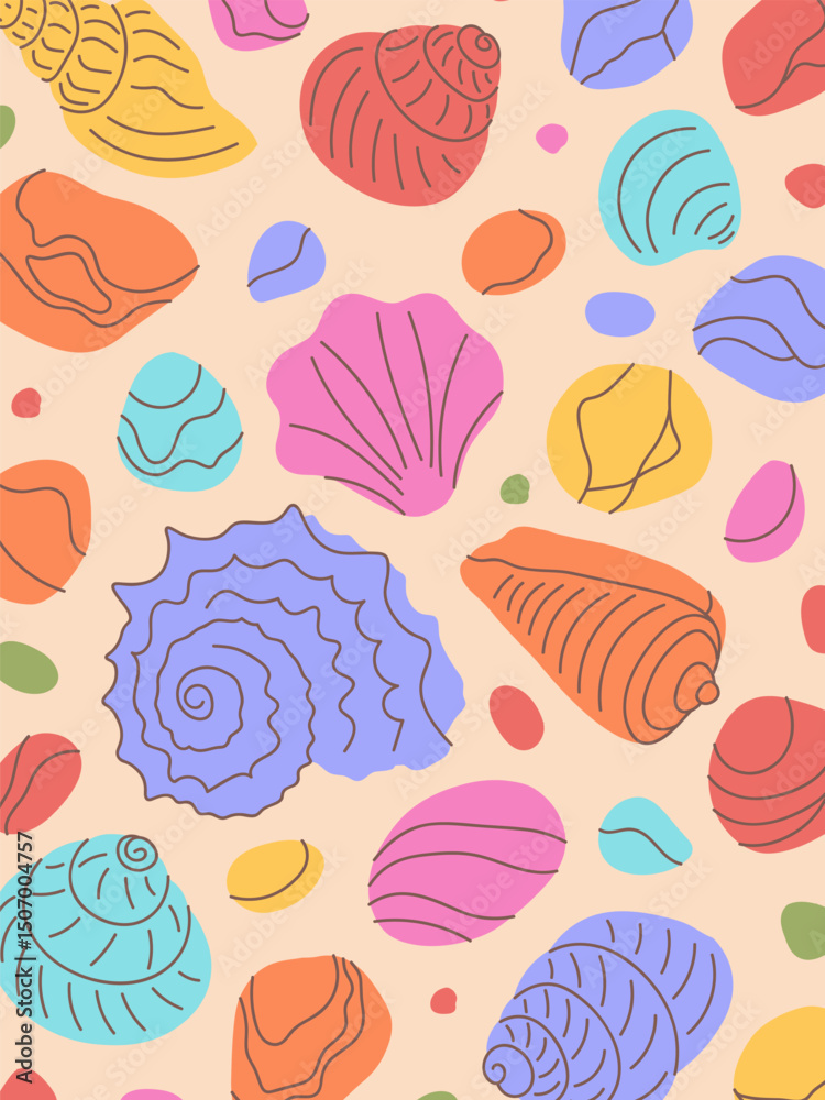 Summer poster or card with shells and pebbles. Bright hand drawn sea design template for branding, label, cover, advertising, backgrounds.