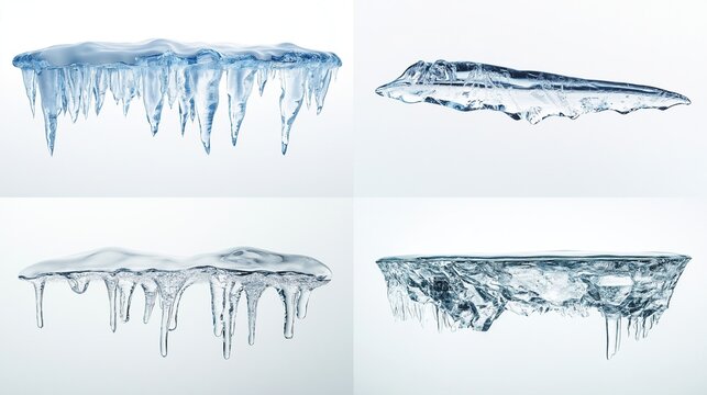 Four variations of icicles, rendered in shades of blue and translucent ice, against a plain white background