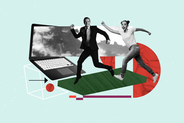 Poster - Poster image collage of people stand air fly near laptop screen on blue background