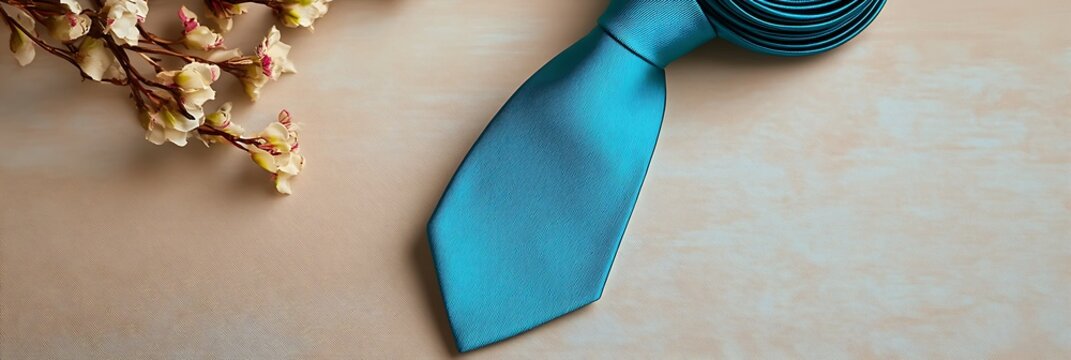 Minimalistic Father's Day necktie in bold turquoise blue, highlighted on a pale ivory canvas
