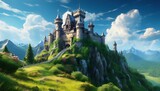majestic mountaintop castle amidst lush greenery and blue skies