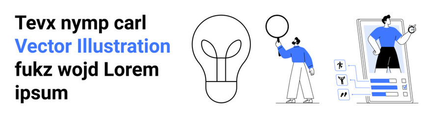 Poster - light bulb icon, person analyzing with a magnifying glass, and digital profile interface. ideal for 