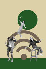 Poster - Banner vertical 3d collage poster of happy business partners stand wifi waves icon fast 5g network connection web hotspot