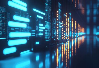 Poster - High-tech data center corridor with vivid blue and orange server lights reflecting on the floor. Great for futuristic IT, cloud architecture, cybersecurity, and modern computing infrastructure themes