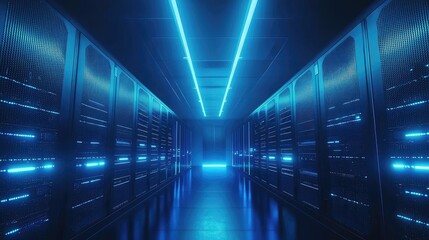 Poster - Bright futuristic server room with intense blue lighting and reflective floor in a dark corridor. Ideal for cloud services, IT architecture, cybersecurity systems, and modern network operations