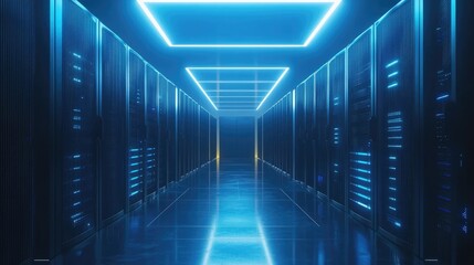 Poster - Symmetrical futuristic server corridor with glowing blue lights and reflective floor in a dark data center. Great for cyber tech visuals, AI infrastructure, network systems, and cloud-based solutions