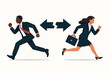 © Maria - Business conflict concept corporate disagreement metaphor professional man woman running opposite directions competition rivalry team division business people different paths
