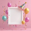 © li - 3D rendering of a cute birthday party frame with balloons, confetti, and a hat on a pink background. Blank white square photo or poster template for advertising. Birthday concept design illustration.