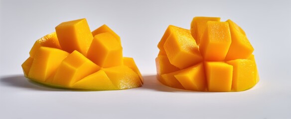Wall Mural - The vibrant mango slices beautifully arranged on a clean white background.