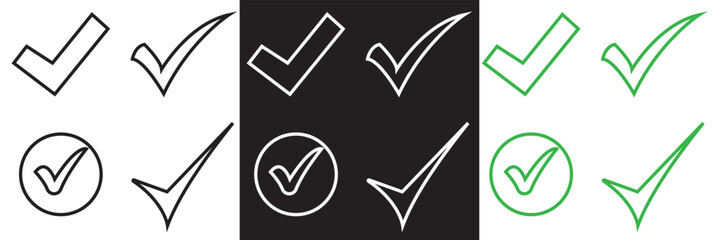 Wall Mural - check mark icon set. green, white and black check mark icon. tick symbol. correct vote choice symbol