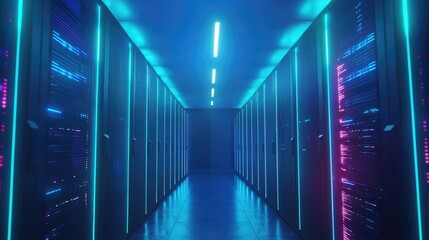 Poster - Illuminated futuristic data center with glowing blue and magenta server racks in symmetrical corridor, ideal for AI technology, cybersecurity themes, and IT network visuals