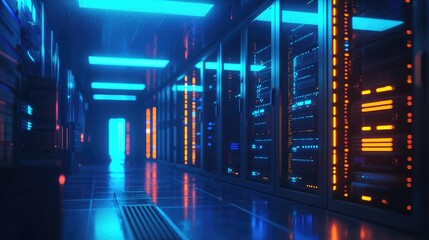 Poster - Advanced digital server room with glowing orange and blue racks, featuring high-tech floor and lighting, ideal for cybersecurity visuals, AI tech, and data infrastructure designs