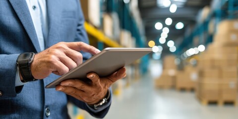 Poster - A person in a suit uses a tablet to manage inventory in a warehouse filled with stacked boxes.