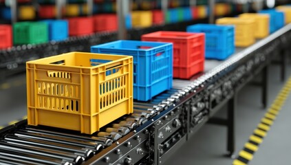 Poster - Colorful plastic crates move along a conveyor belt in a modern industrial warehouse or distribution facility.