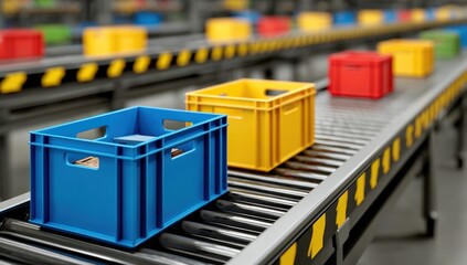 Poster - Colorful plastic crates move along an automated conveyor belt in a modern industrial facility.