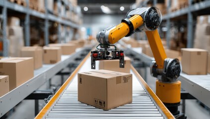 Poster - A robotic arm sorts packages on a conveyor belt in a modern warehouse automation system.