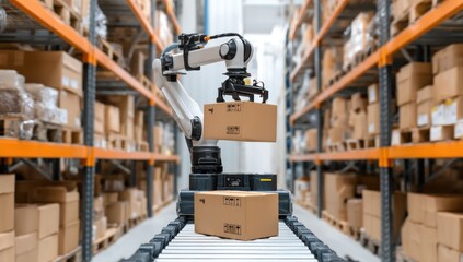 Poster - A robotic arm sorts packages on a conveyor belt in a modern warehouse with shelves stacked with boxes.