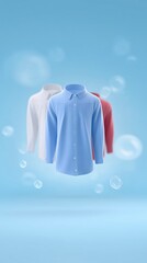 Poster - Three stylish shirts in blue, white, and red colors floating against a soft blue background with bubbles creating a fresh and modern atmosphere
