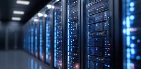 Poster - Close-up of sleek data servers with blinking lights in a high-tech corridor, perfect for cloud computing, IT solutions, network infrastructure, and cybersecurity promotions