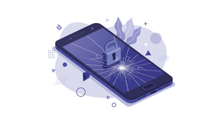Poster - Smartphone screen with a lock symbol and cracks highlighting digital security issues in modern technology use