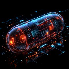 Poster - Futuristic depiction of a capsule pill surrounded by high-tech digital graphics and interfaces.  high resolution   for isolate image