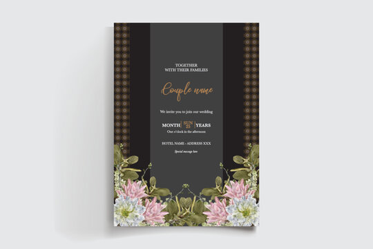 WEDDING INVITATION FRAME WITH FLOWER DECORATIONS AND FRESH LEAVES