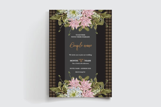 WEDDING INVITATION FRAME WITH FLOWER DECORATIONS AND FRESH LEAVES