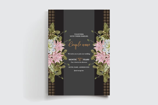 WEDDING INVITATION FRAME WITH FLOWER DECORATIONS AND FRESH LEAVES