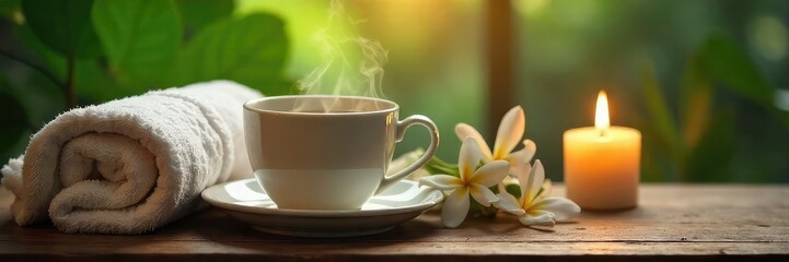 Wall Mural - A steaming cup of tea sits beside a fluffy towel on a wooden table, next to a lit candle and lush greenery, creating a tranquil, warm atmosphere ideal for relaxation , cup, fabric, home