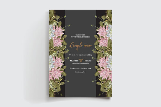 WEDDING INVITATION FRAME WITH FLOWER DECORATIONS AND FRESH LEAVES