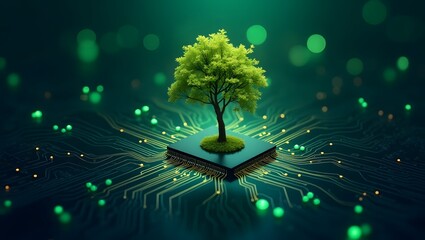 Aufkleber - a tree growing on a circuit board, symbolizing the symbiosis of technology and environment.