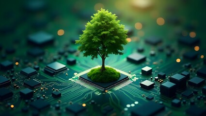 Poster - a tree sprouting from a computer chip, symbolizing environmental-friendly technology and sustainable innovation. The image signifies the harmony between nature and technology