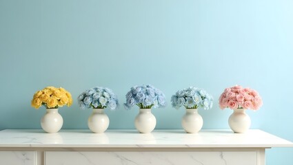 Poster - a display of five vibrant bouquets of flowers, each in a unique color. They sit on a pristine surface against a backdrop of a light blue wall, exuding freshness and beauty
