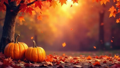 Wall Mural - A vibrant autumnal header banner featuring falling leaves, pumpkins, and rich warm colors, perfect for seasonal websites and blogs , seasonal, november, brown