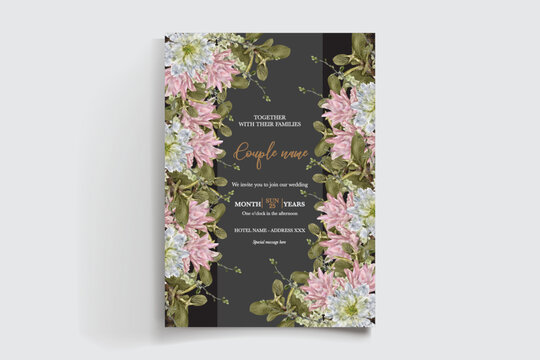 WEDDING INVITATION FRAME WITH FLOWER DECORATIONS AND FRESH LEAVES