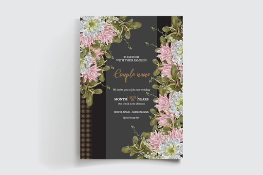 WEDDING INVITATION FRAME WITH FLOWER DECORATIONS AND FRESH LEAVES