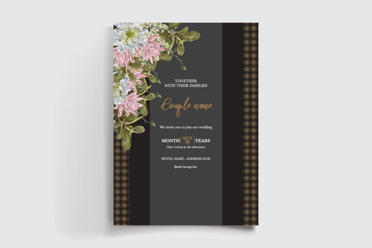 WEDDING INVITATION FRAME WITH FLOWER DECORATIONS AND FRESH LEAVES