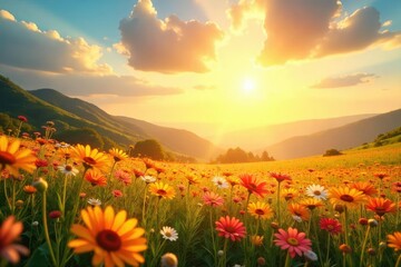 Wall Mural - A vibrant, sun-drenched scene bursting with joyful energy Golden sunlight illuminates a landscape filled with uplifting and cheerful colors , golden hour, vibrant, fantastic