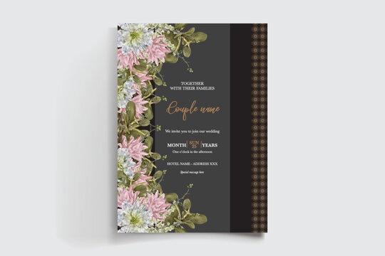 WEDDING INVITATION FRAME WITH FLOWER DECORATIONS AND FRESH LEAVES