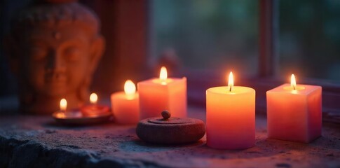 Wall Mural - Candles illuminate a sacred space, soft light casting ethereal glow on spiritual objects Perfect for meditation, yoga, mindfulness, and well-being themes , mindfulness, inner peace, candles