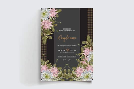 WEDDING INVITATION FRAME WITH FLOWER DECORATIONS AND FRESH LEAVES