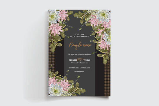 WEDDING INVITATION FRAME WITH FLOWER DECORATIONS AND FRESH LEAVES