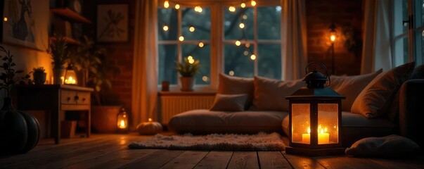 Wall Mural - Cozy home interior scene featuring a warm glow from multiple lanterns illuminating a comfortable living space Perfect for autumn, hygge, or home decor themes , ambiance, sofa, wood