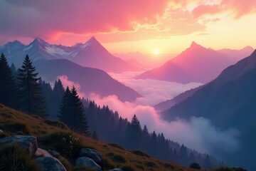 Wall Mural - Ethereal, misty mountain landscape at sunrise, perfect for fantasy or adventure projects Ideal for compositing, adding depth, and creating magical scenes , peaceful, backdrop, valley