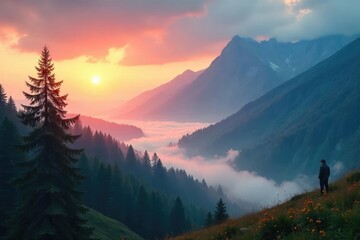 Wall Mural - Ethereal, misty mountain landscape at sunrise, perfect for fantasy or adventure projects Ideal for compositing, adding depth, and creating magical scenes , tranquil, serene, peaks
