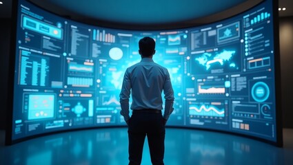 Poster - a man analyses large screens in the control room