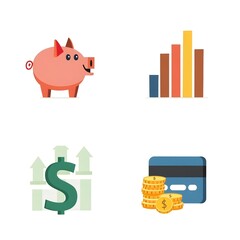 Poster - a collection of financial icons including a piggy bank, a bar graph, a dollar sign with upward arrows, and stacks of coins