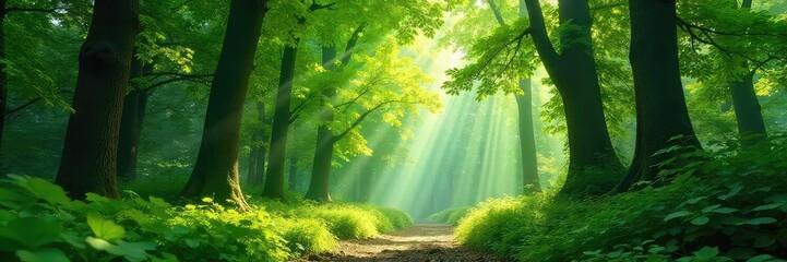 Canvas Print - lush green forest canopy in summer, dappled sunlight filtering through leaves, creating a magical at